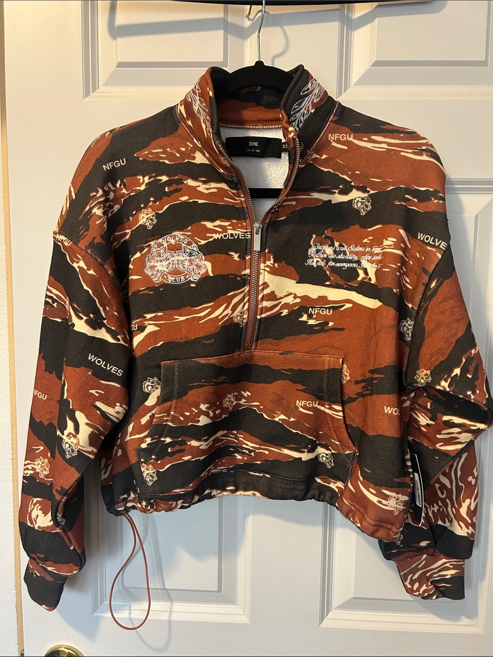 Darc Sport Rust & Black Tiger Stripe Pullover with Embroidered Wolves